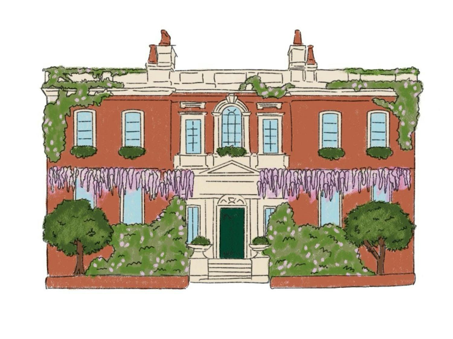 A two-story red brick house is surrounded by lush green plants and wisteria flowers, featuring decorative windows and a central doorway.