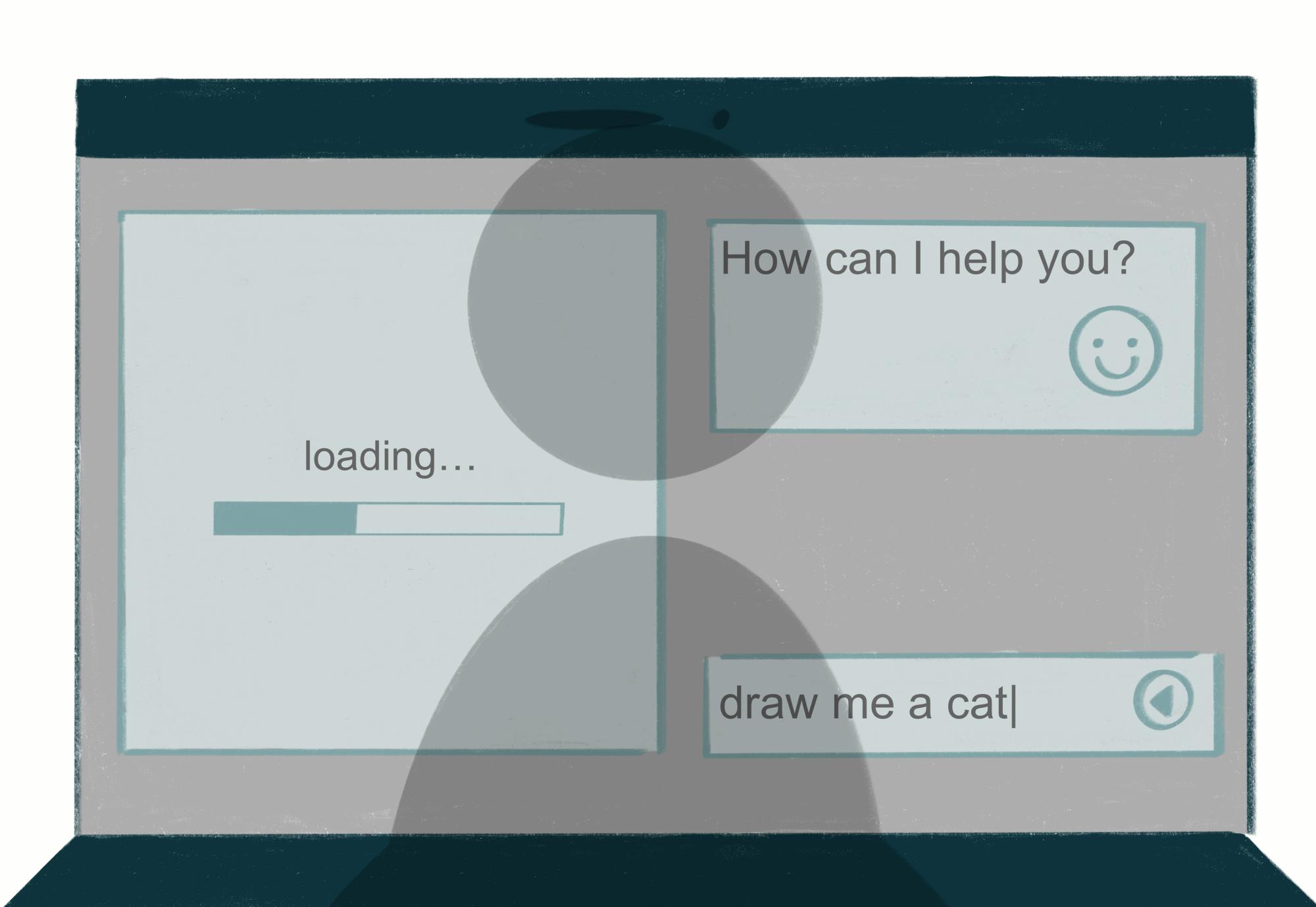A computer webpage depicts a dull screen of a person asking an AI to draw a cat for them.
