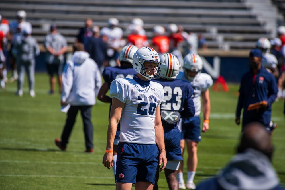 Anders Carlson (26) looks on during Auburn Footballs Open Spring Practice, on Sunday, March 21,  2021, in Auburn, Ala.
