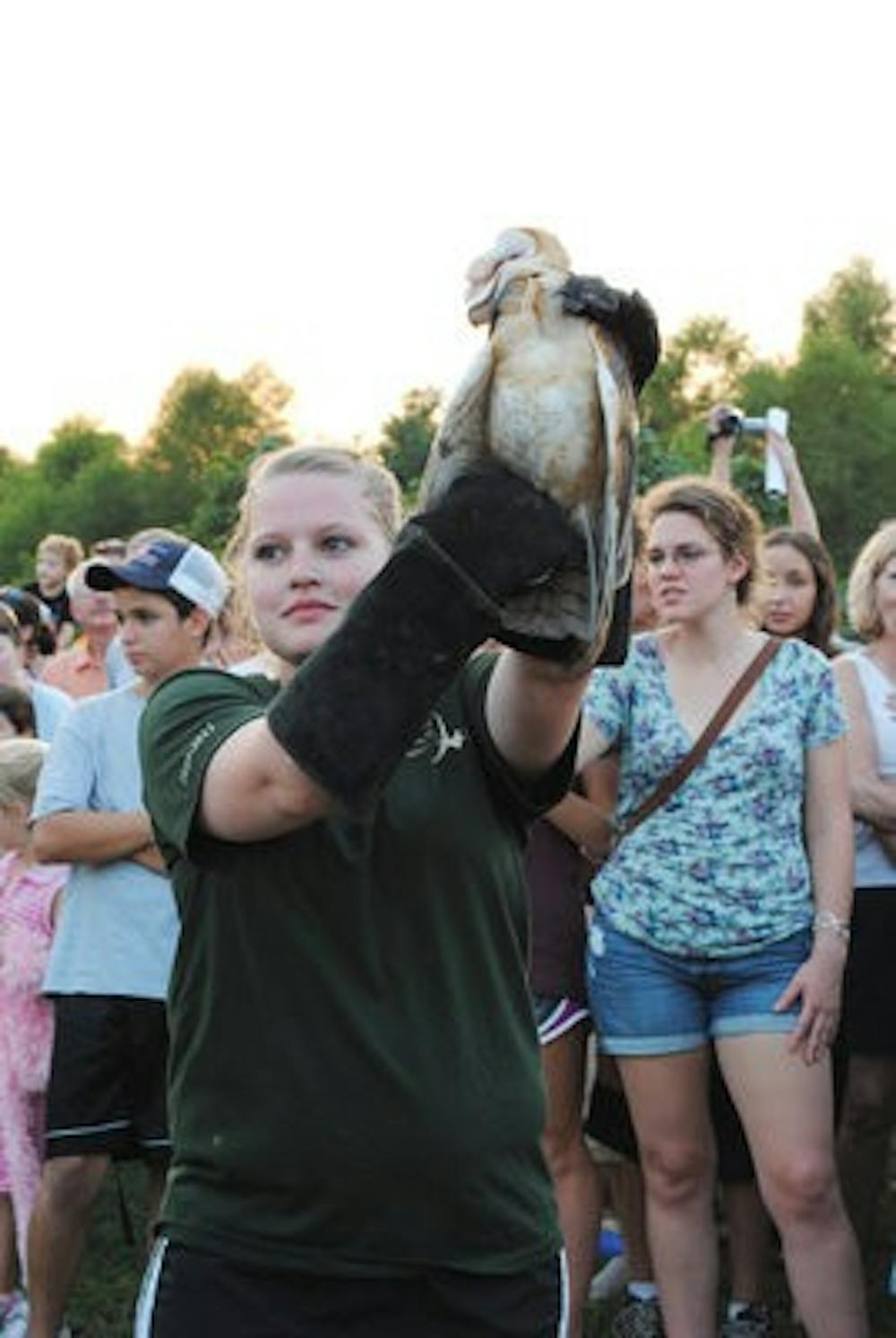 A wildlife science volunteer holds an owl for spectators to see up close. (Maria Iampietro / ASSOCIATE PHOTO EDITOR)