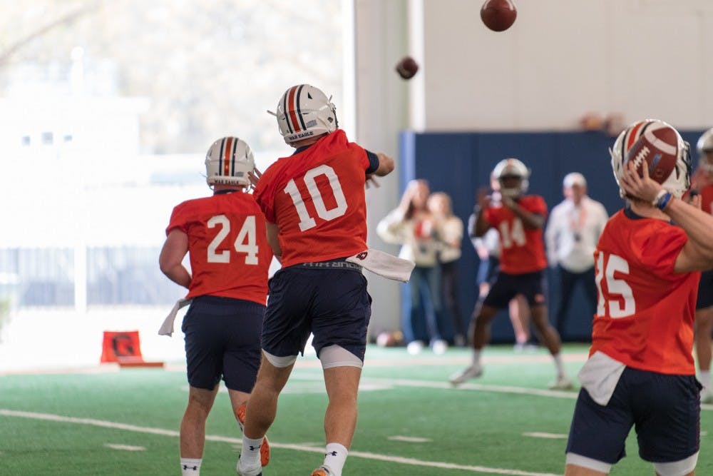 Bo Nix (10) throws the ball during Auburn Footballs first Spring Practice, on Monday, March 18, 2019, in Auburn, Ala.