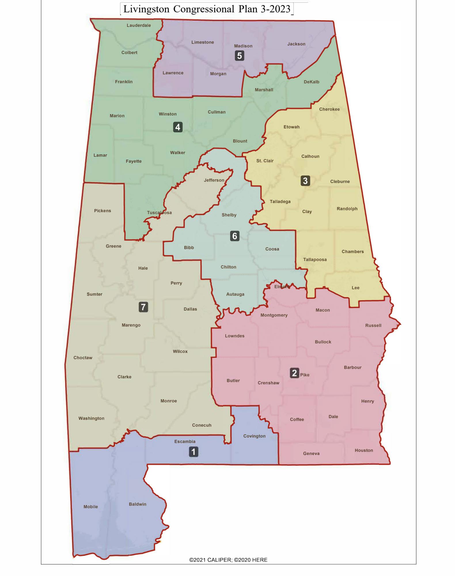 The 2023 Alabama-drawn congressional map, divided into seven congressional districts, each labeled with numbers and boundaries outlined in red.