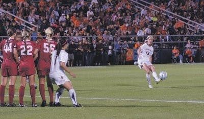 Senior Mary Coffed strikes a free kick in Auburn's 4-3 2OT victory over Alabama on Thursday, Oct. 25. (Courtesy of Allison Thompson)