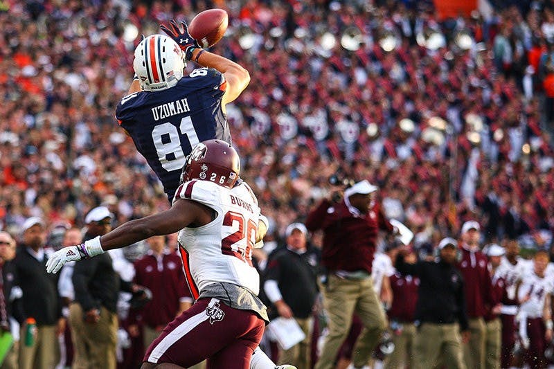 C.J. Uzomah #81 catches ball. Texas A&M vs Auburn at Auburn, AL on Nov 8, 2014. (Kenny Moss | Photographer)