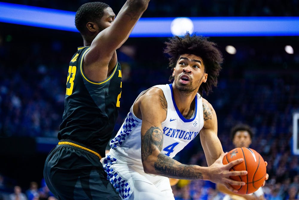 <p>Kentucky junior forward Nick Richards looks for an opening to the basket during the game against Missouri on Saturday, Jan. 4, 2020, at Rupp Arena in Lexington, Kentucky. Kentucky won 71-59. Photo by Jordan Prather | Kentucky Kernel Staff</p>