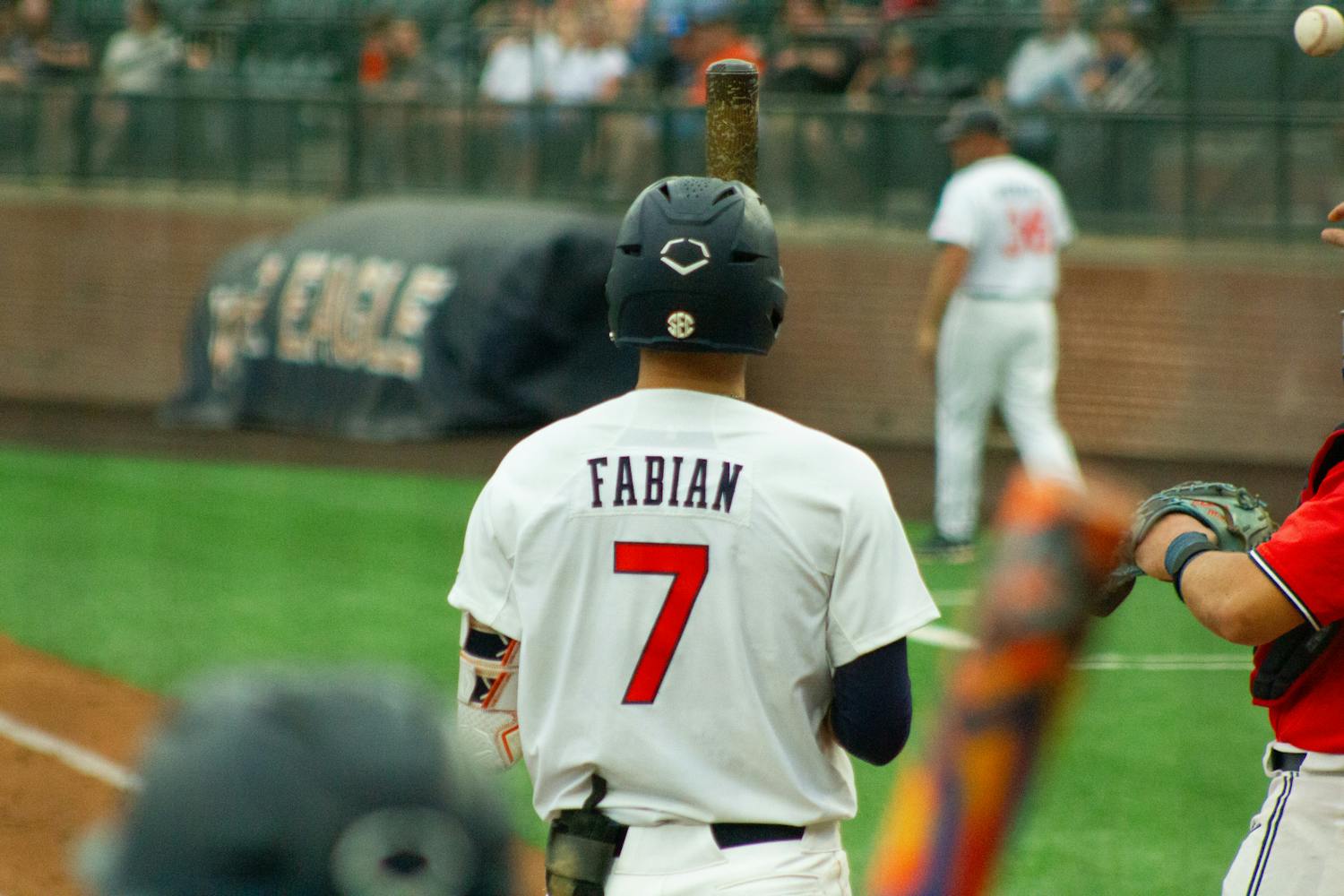 Deric Fabian (number 7) batting for Auburn Baseball against Ole Miss on May 3, 2024