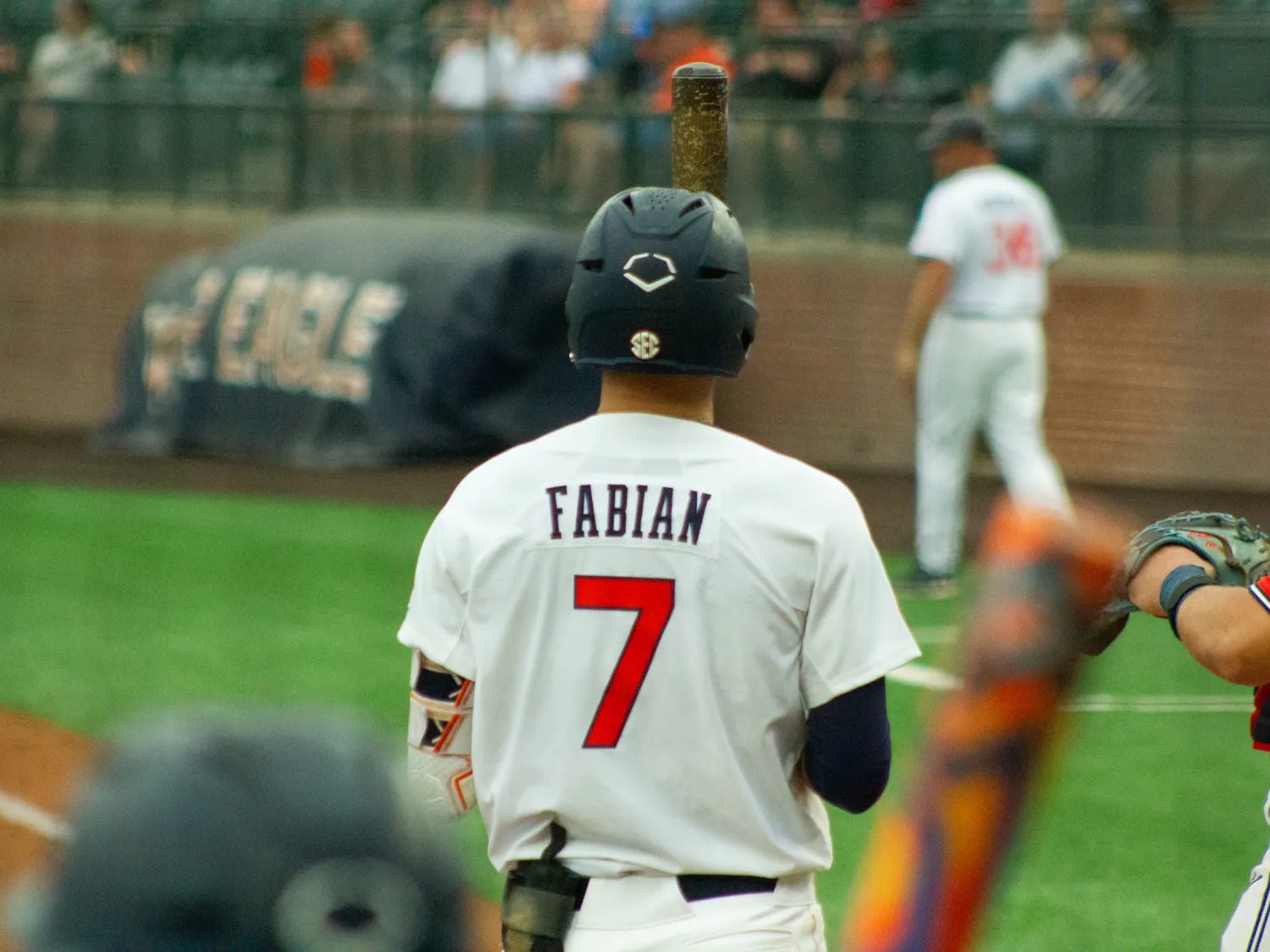 Deric Fabian (number 7) batting for Auburn Baseball against Ole Miss on May 3, 2024