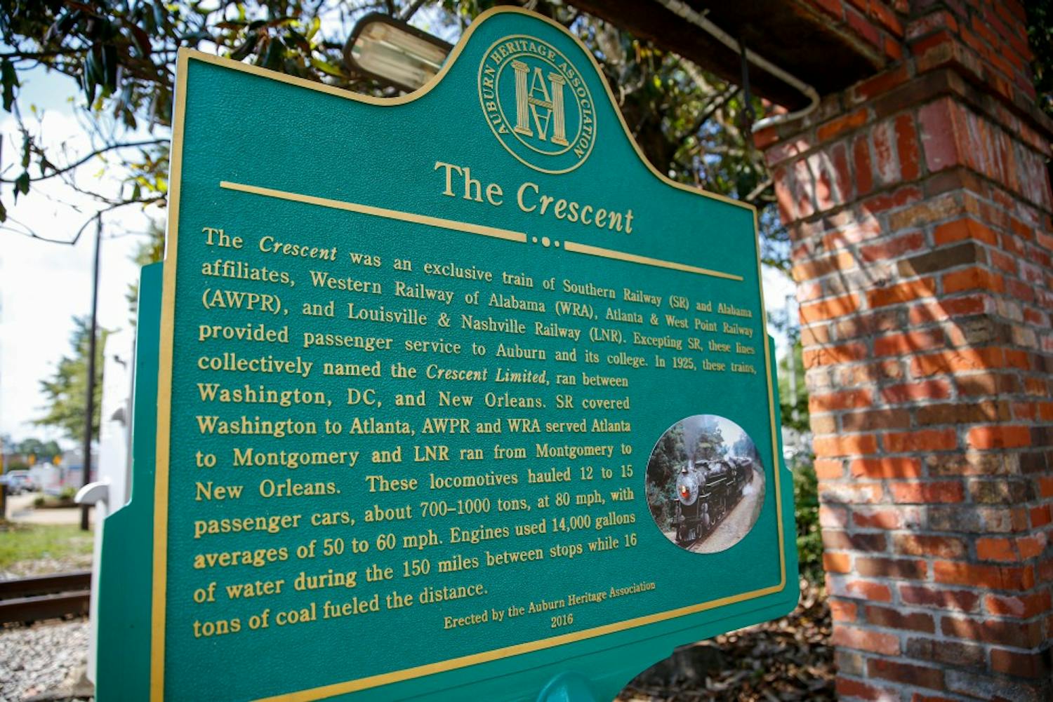 The historic train sign near The Depot on Mitcham Avenue on Monday, Aug. 29, 2016, in Auburn, Ala. Now a restaurant, the location was once a train stop on the Southern Railway, from Washington D.C. to New Orleans.&nbsp;