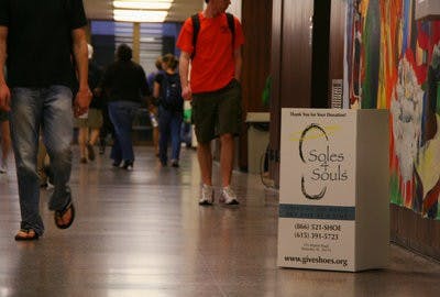 A Soles4Souls collection box is placed inside Haley Center. "Rebekah Weaver / ASSISTANT PHOTO EDITOR"