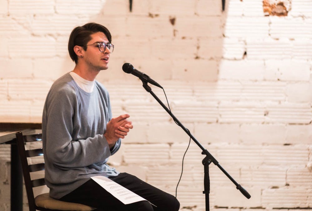 Jakob Geiger, host of Coffee Cat's literary open-mic night, on Oct. 24, 2017, in Auburn, Ala.