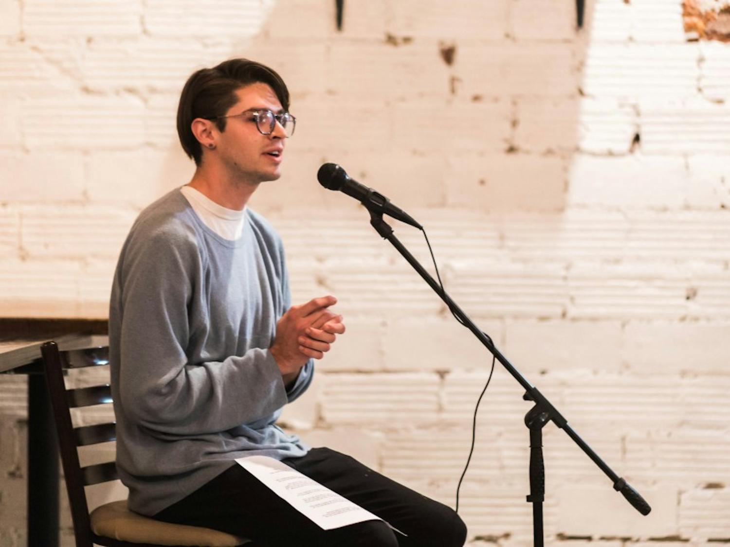 Jakob Geiger, host of Coffee Cat's literary open-mic night, on Oct. 24, 2017, in Auburn, Ala.