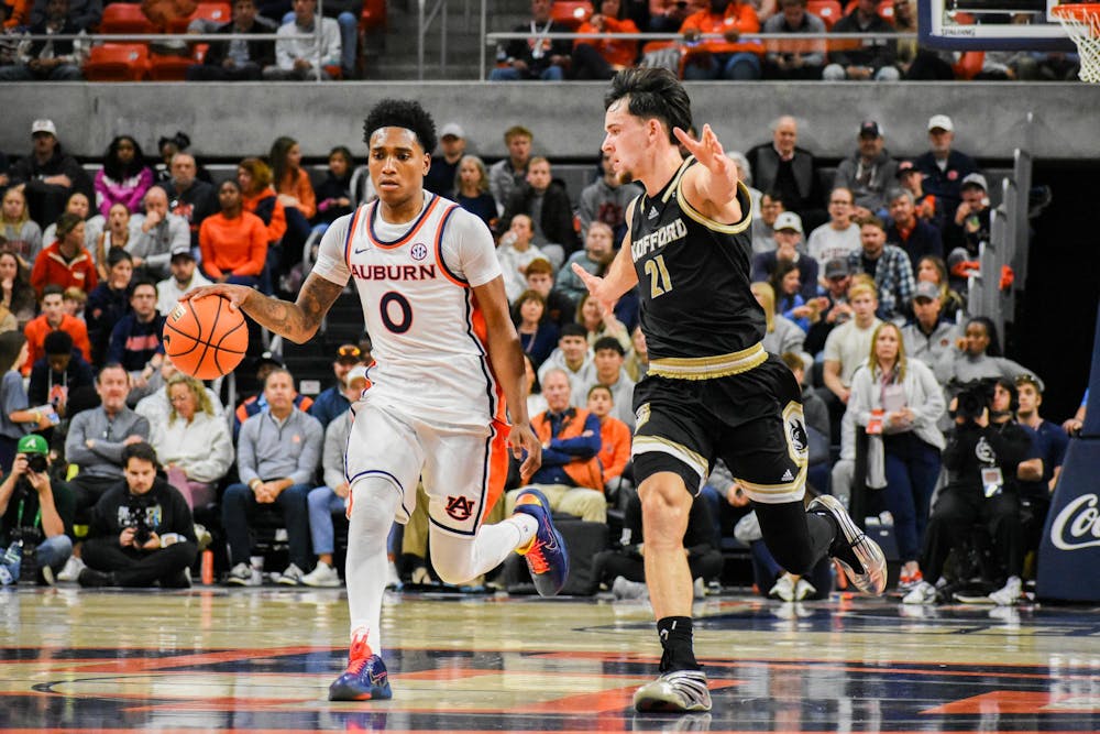 <p>Tahaad Pettiford (0) drives the ball up the court against Wofford in Neville Arena on November 11, 2025.</p>