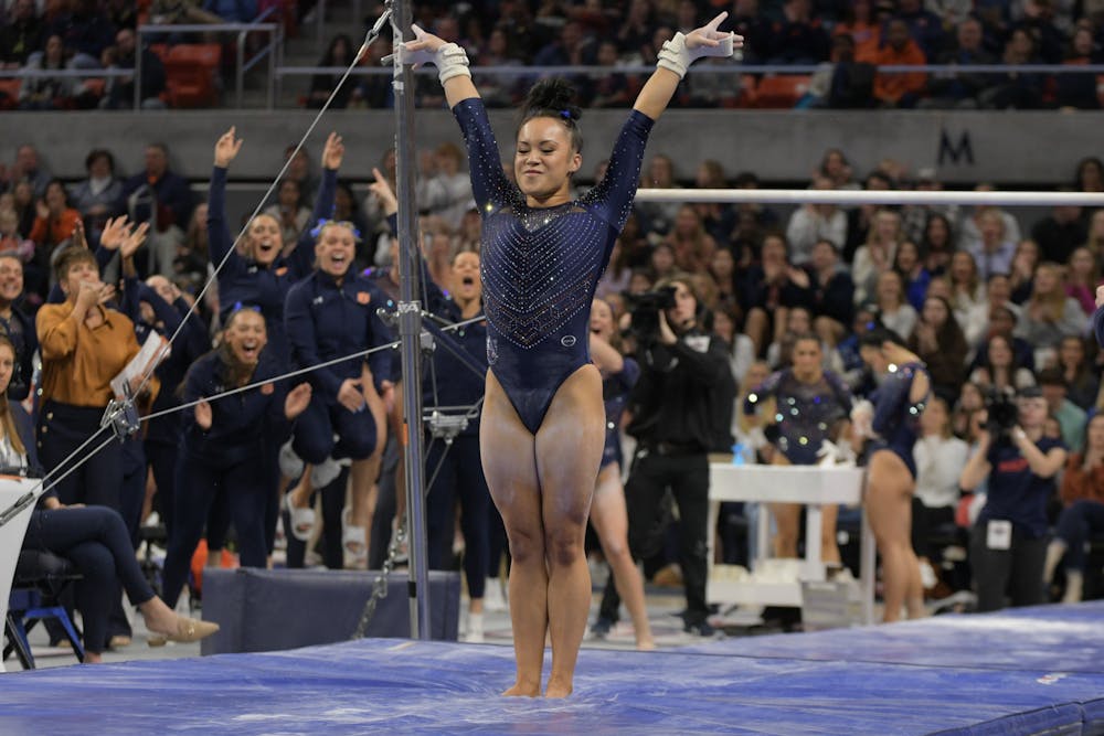 <p>Gabby Mclaughlin on bars against University of Florida at Neville Arena on January 19th 2024</p>