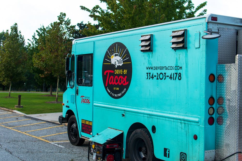 The Drive-By Tacos food truck sits in front of Auburn College of Veterinary Medicine on Wednesday, Aug. 26, 2020, in Auburn, Ala.