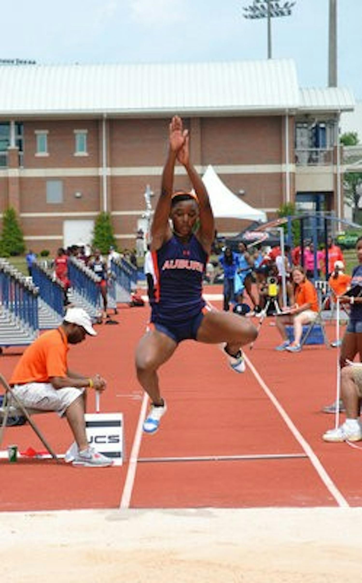 Sophomore V'alonee Robinson participates in the long jump during the War Eagle Invitational Saturday afternoon. (Danielle Lowe / ASSISTANT PHOTO EDITOR)
