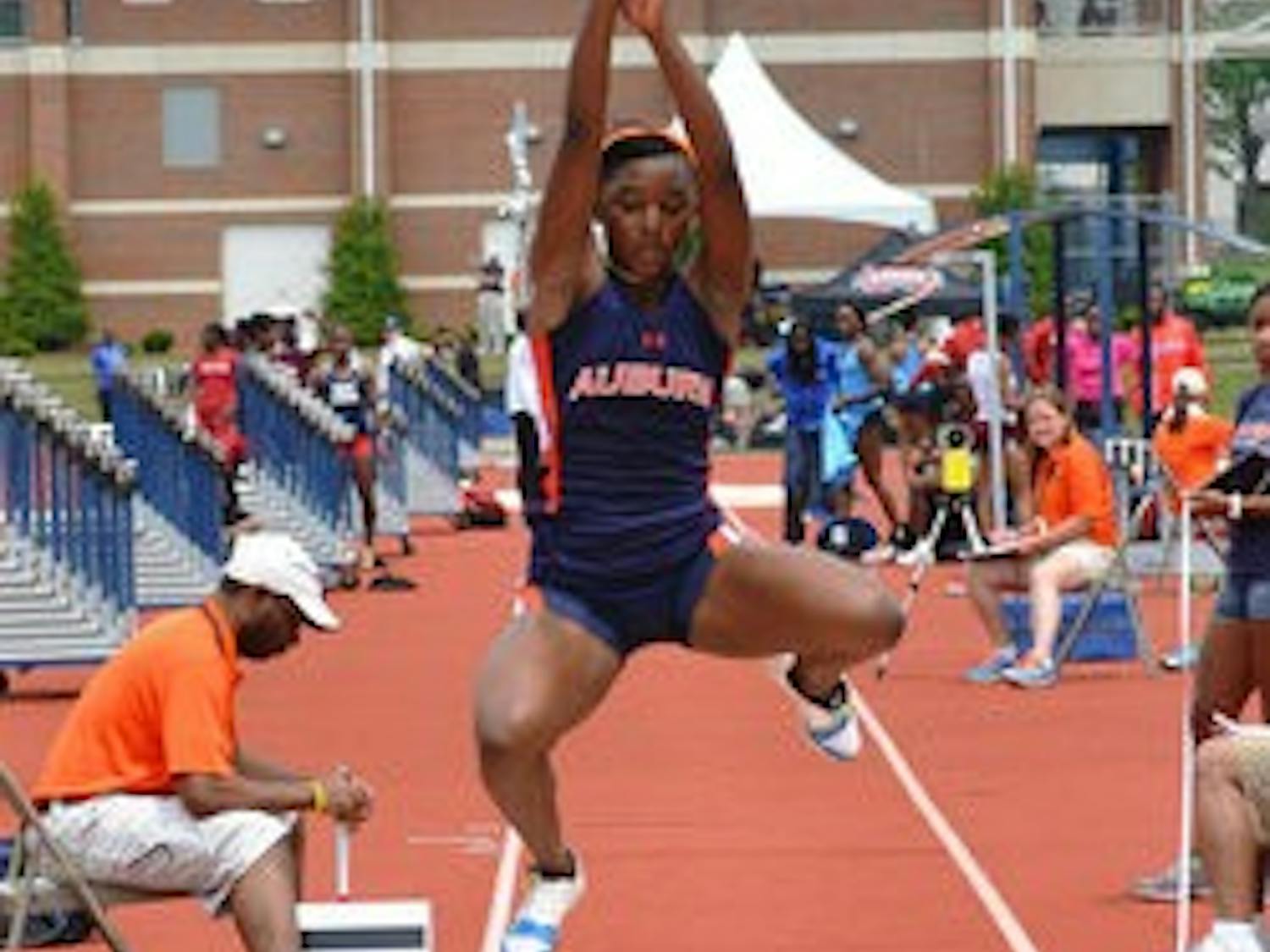 Sophomore V'alonee Robinson participates in the long jump during the War Eagle Invitational Saturday afternoon. (Danielle Lowe / ASSISTANT PHOTO EDITOR)
