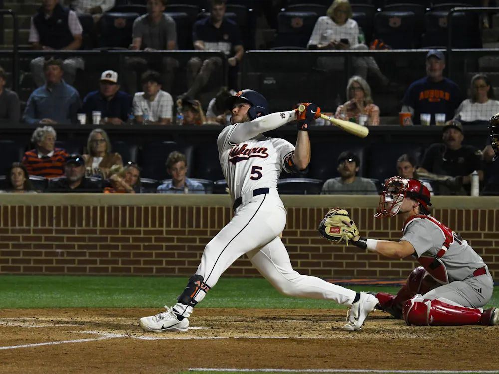 Bristol Carter (5) hitting the ball during the Auburn vs. Jackson State game Tuesday, April 7, 2026.