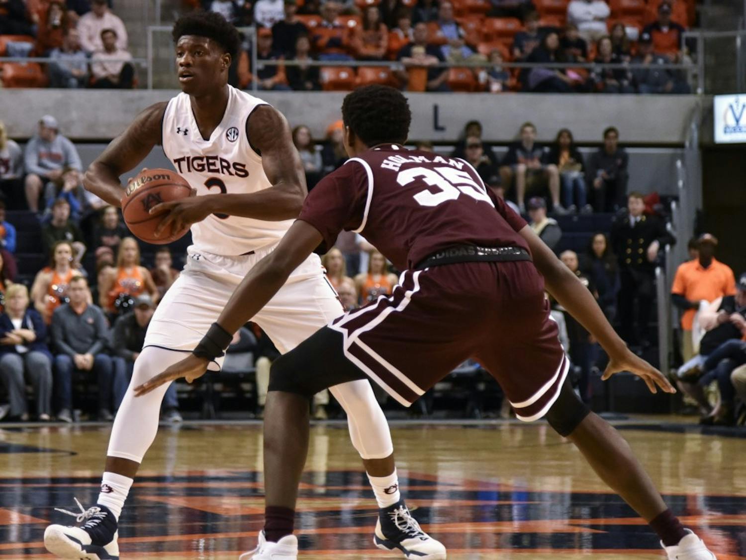 Auburn Tigers forward Danjel Purifoy (3) squares off against Mississippi State Bulldogs forward Aric Holman (35) during the first half of the Auburn vs Mississippi State basketball on Tuesday, Feb. 7, 2017, in Auburn, Ala.