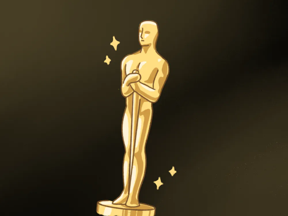 A shiny, gold statuette stands on a round base, featuring a figure with arms holding a sword and a smooth surface.