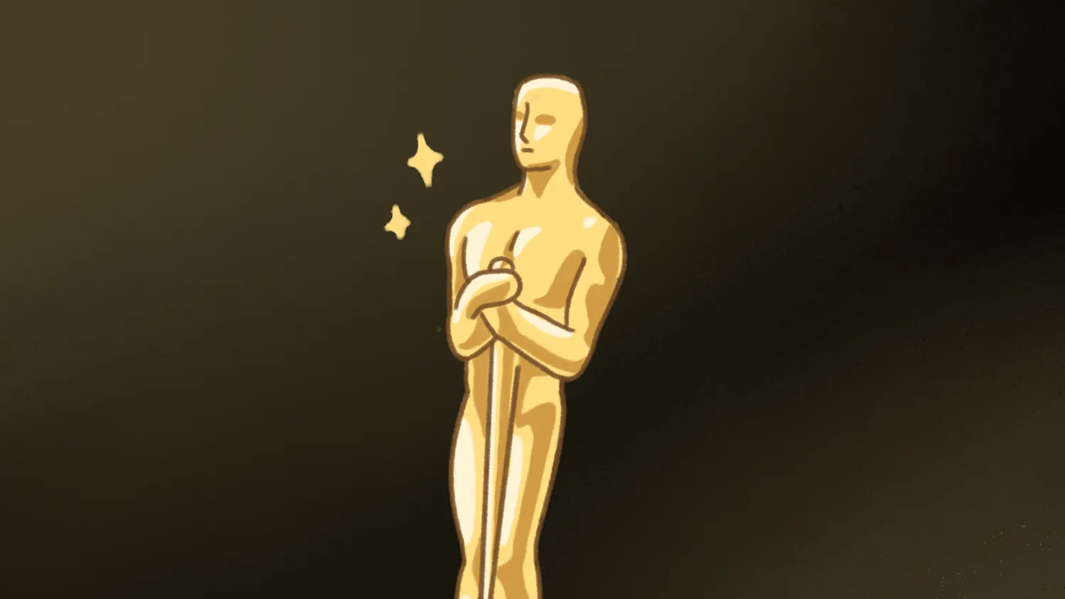 A shiny, gold statuette stands on a round base, featuring a figure with arms holding a sword and a smooth surface.