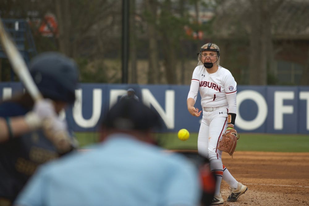<p>Samantha Yarbrough (1) pitches in Auburn Softball vs. Georgia Southern on Mar 1, 2020 in Auburn, AL</p>