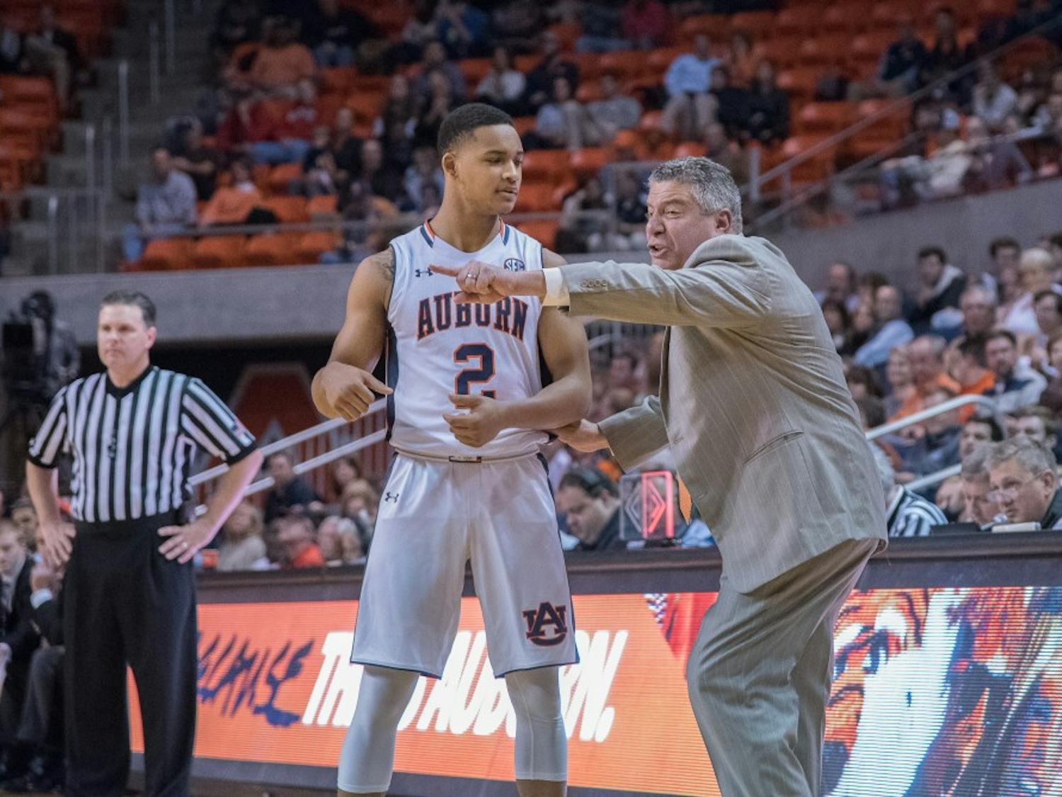 Auburn Tigers Head Coach Bruce Pearl gives Auburn Tigers guard Bryce Brown (2) some instruction during the Georgia Vs. Auburn basketball game at Auburn Arena, Wednesday, Feb, 24, 2016.
