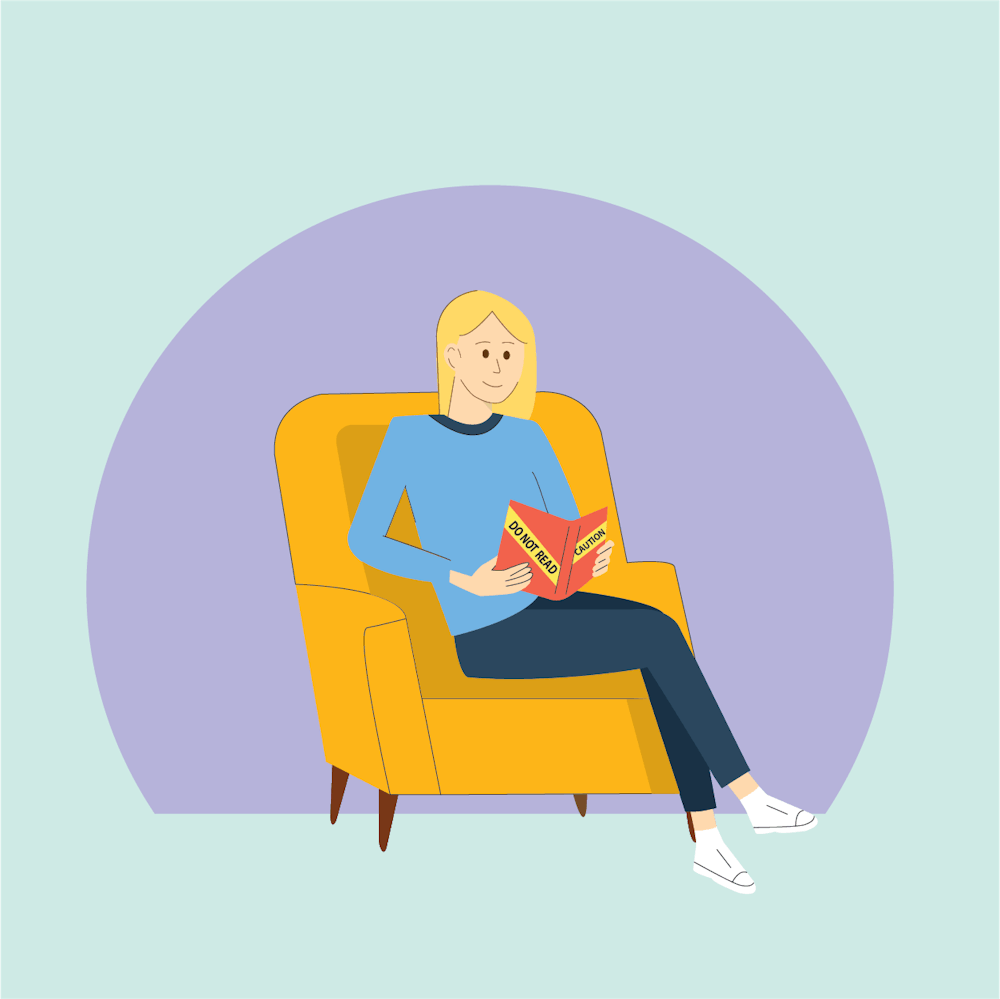 A graphic of a girl sitting in a chair and reading a book. 