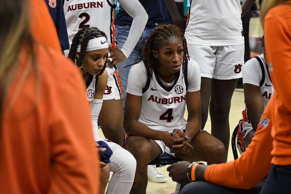 <p>Kaitlyn Duhon (4) and her teammates in the final timeout of the game during the Auburn vs. Oklahoma game on Sunday, Jan. 25, 2026.</p>