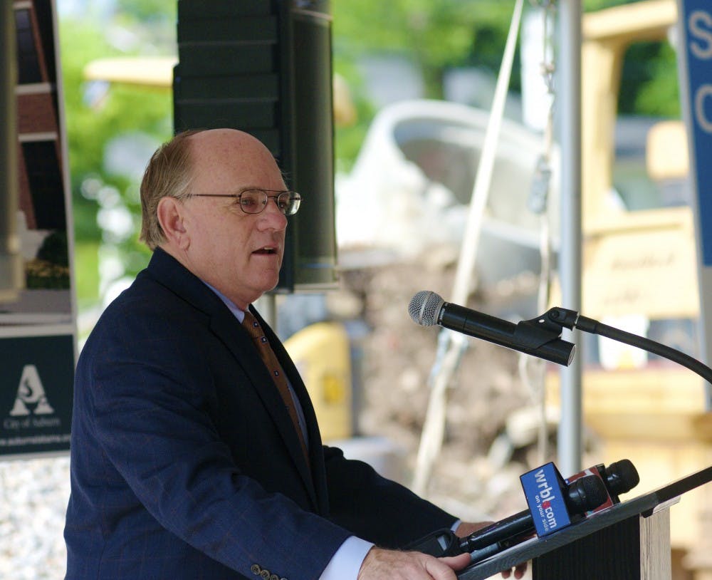 Mayor Bill Ham welcomes the Auburn community to the groundbreaking for the City of Auburn on Wednesday, May 30, 2018, in Auburn, Ala.