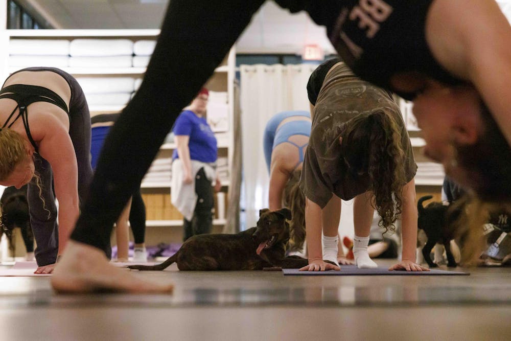 <p>Puppies run between yoga mats and women during puppy yoga at Be Yoga in a collaboration with Auburn Women in Law and CARE Humane Society, March 5, 2026 in Auburn, Ala.</p>