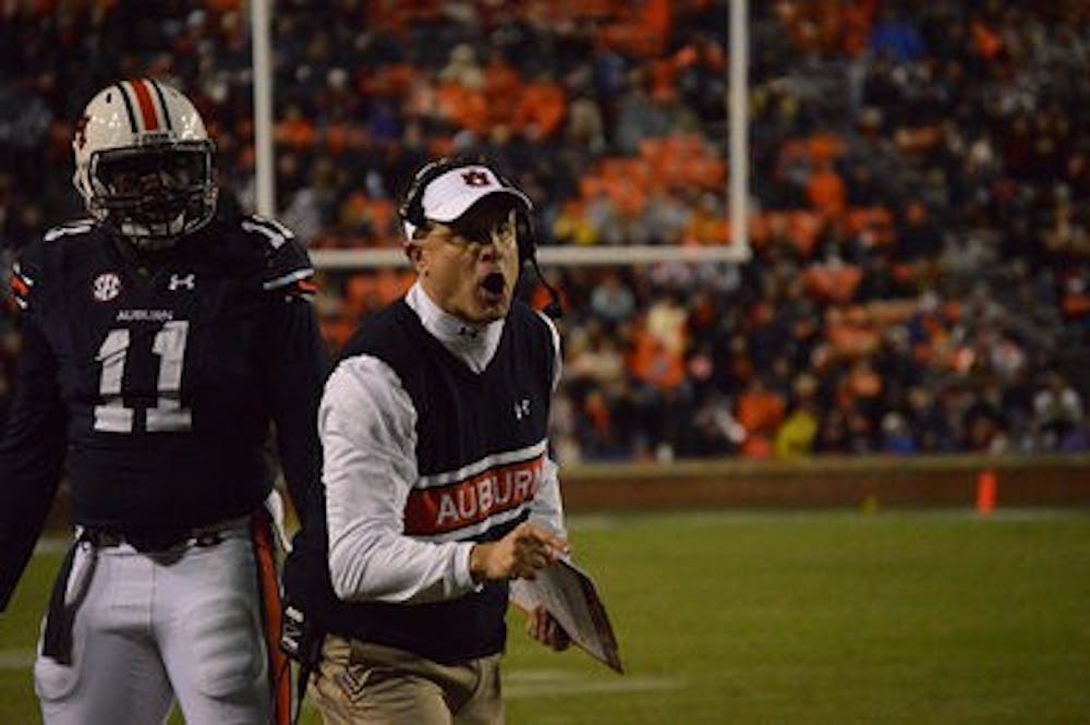 Coach Gus Malzahn reacts to a call. (Emily Enfinger | Assistant Photo Editor)