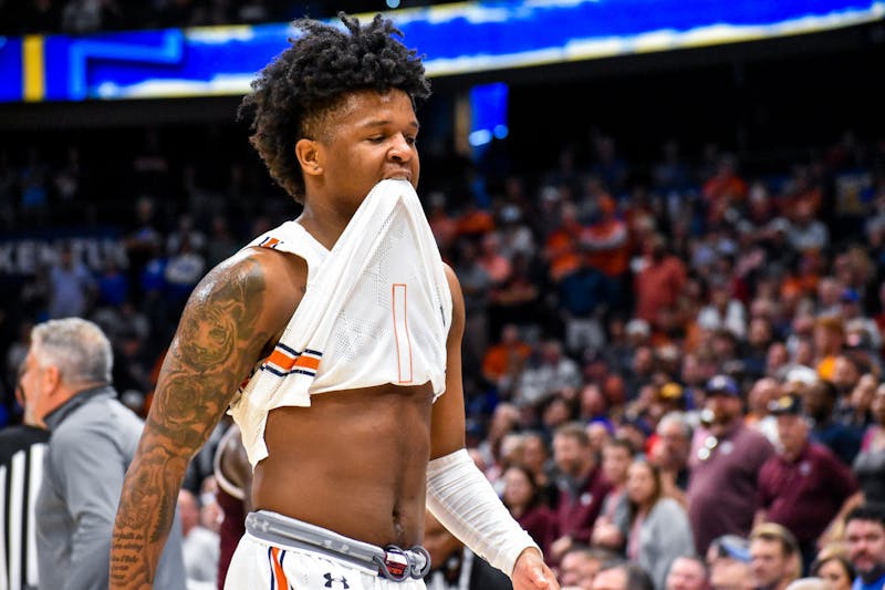 Wendell Green Jr. (1) exits the court after fouling out during a match between Auburn and Texas A&M in the SEC Tournament in Tampa, Florida, on March. 11, 2022.