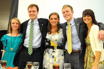 The 2011-2012 SGA Executive Board from left to right: Abby Basinger, chief of staff; Chris Osterlund, administrative vice president; Curry Stevenson, treasurer; Kirby Turnage, president and Vanessa Tarpos, vice president. (Christen Harned / assistant photo editor)