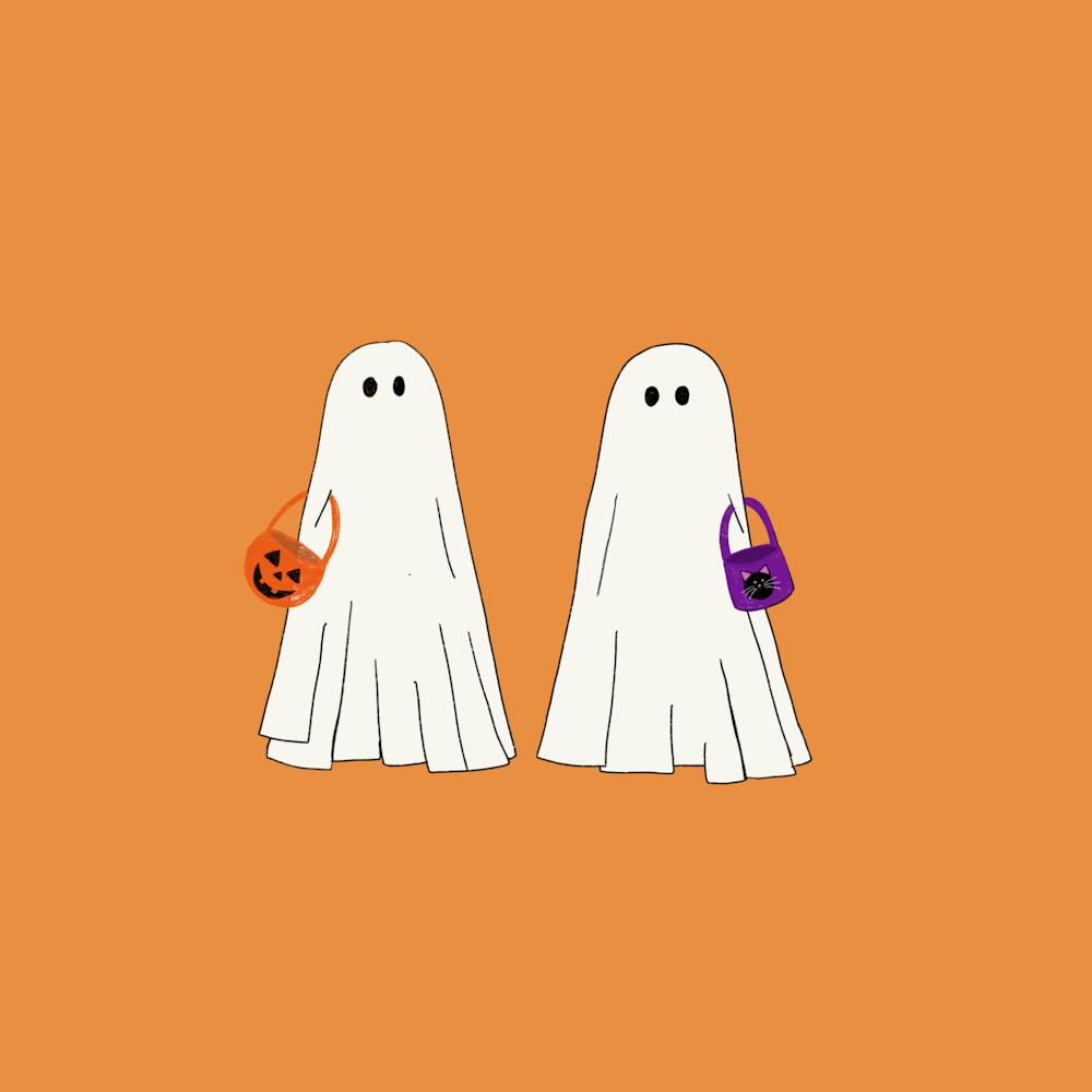 Two ghosts with trick or treat baskets. 