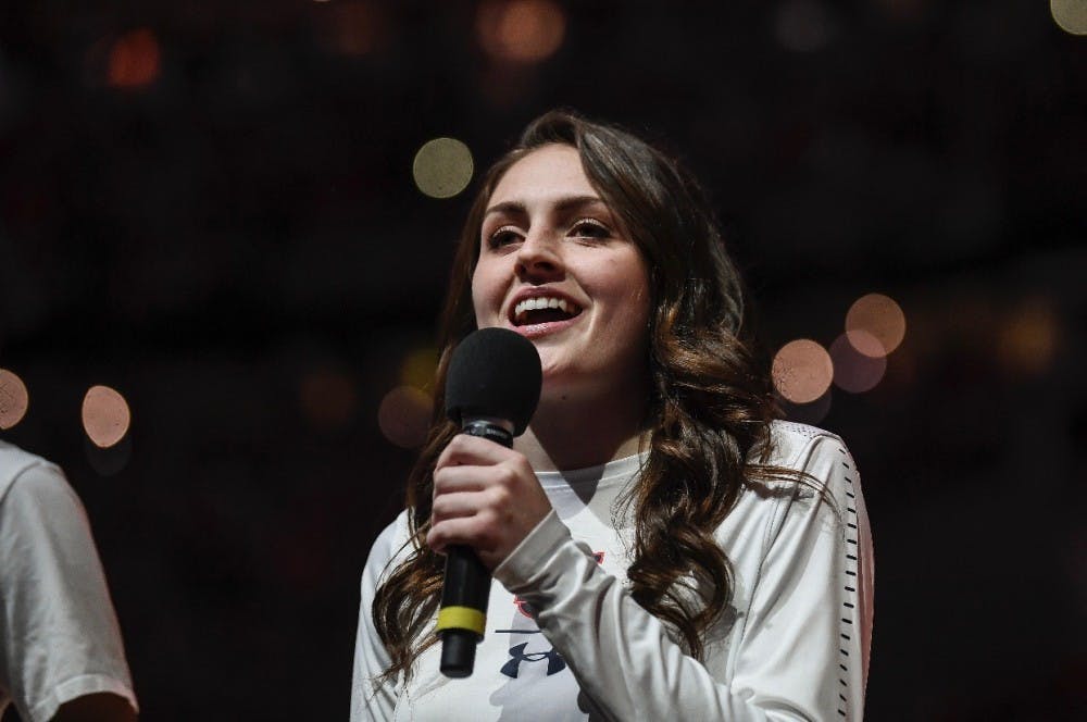 Morgan Kull singing the national anthem at the Final Four game in Minneapolis, Minnesota, on April 6, 2019.