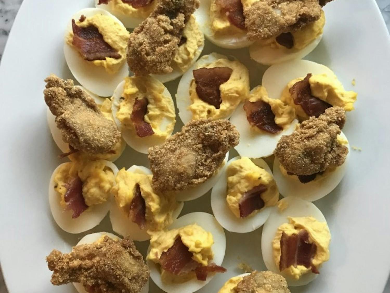 Deviled Eggs - Topped with Fried Oysters of Bacon