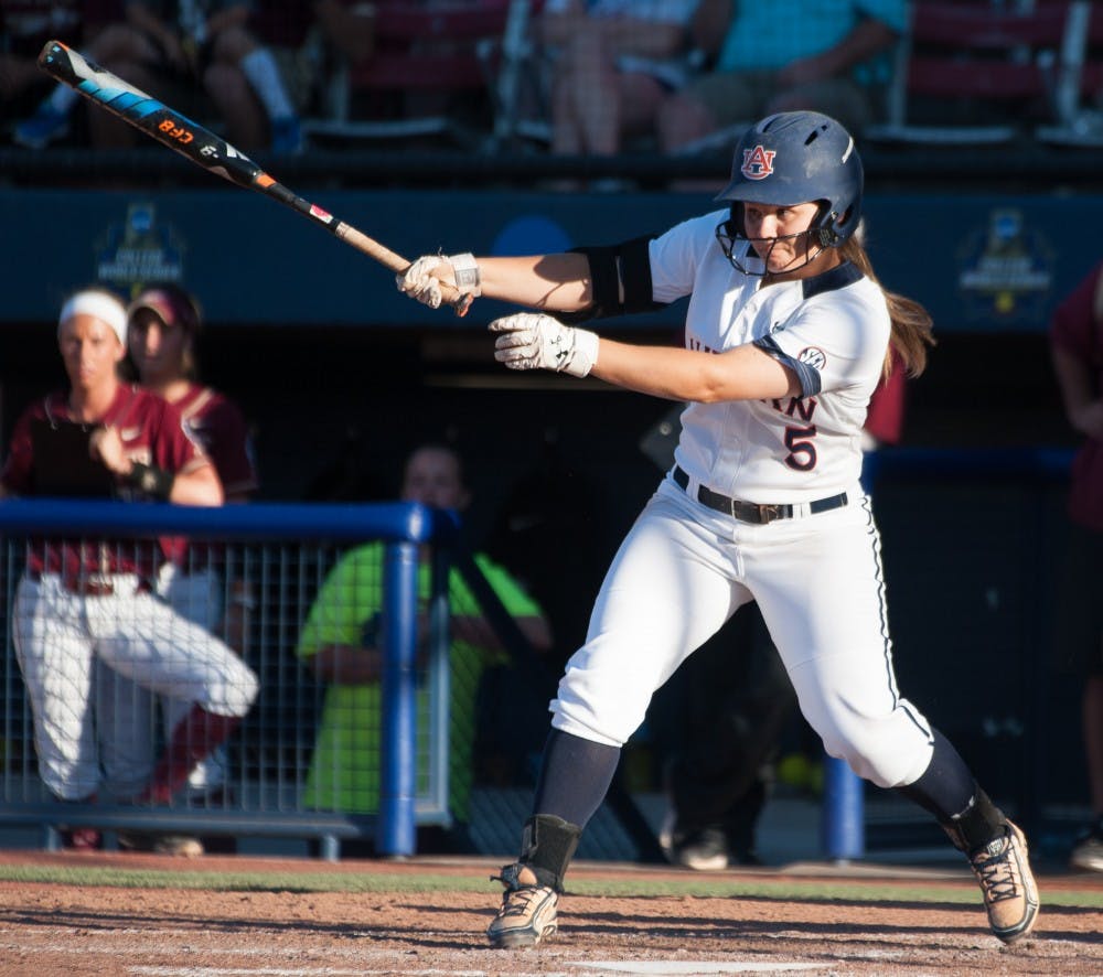 Emily Carosone (5) swings for a hit. Auburn vs Florida State, Women's College World Series Semifinal on Sunday, June 5 in Oklahoma City, OK.