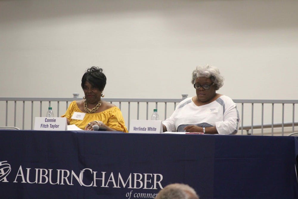 Auburn City Council Ward 1 candidates Connie Fitch Taylor (left) and Verlinda White (right) answered the audience's questions at a forum on Thursday night, Aug. 23, 2018, in Auburn, Ala.