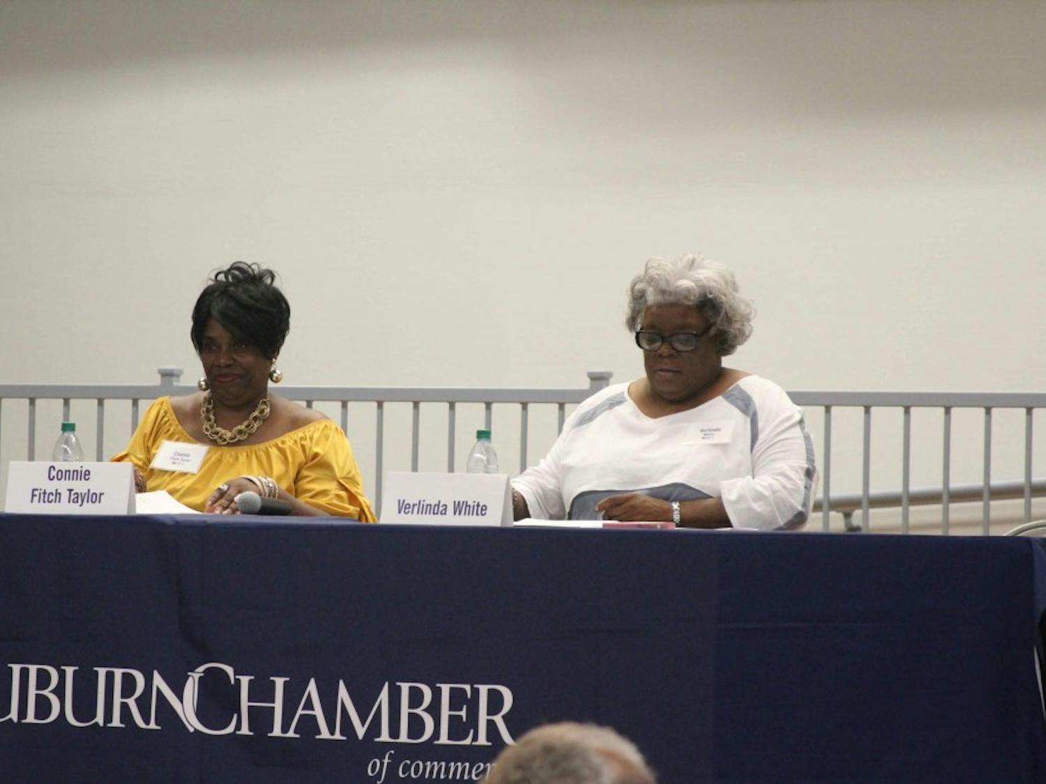 Auburn City Council Ward 1 candidates Connie Fitch Taylor (left) and Verlinda White (right) answered the audience's questions at a forum on Thursday night, Aug. 23, 2018, in Auburn, Ala.