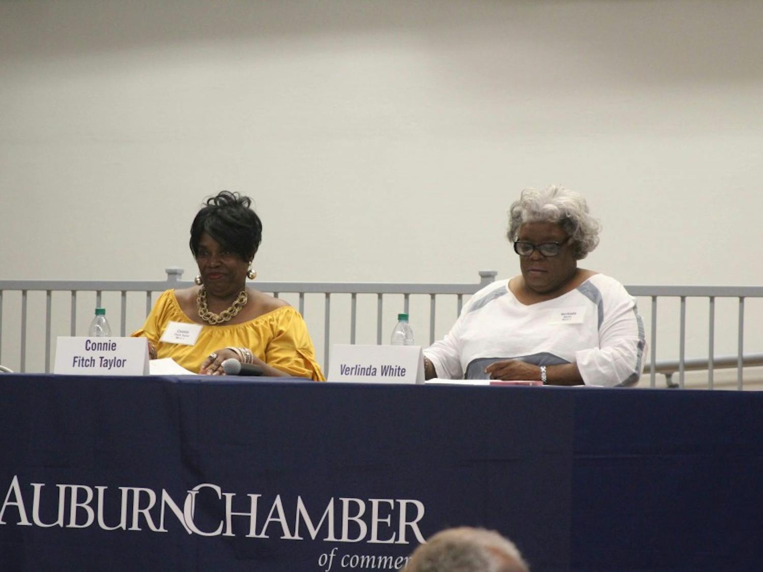 Auburn City Council Ward 1 candidates Connie Fitch Taylor (left) and Verlinda White (right) answered the audience's questions at a forum on Thursday night, Aug. 23, 2018, in Auburn, Ala.