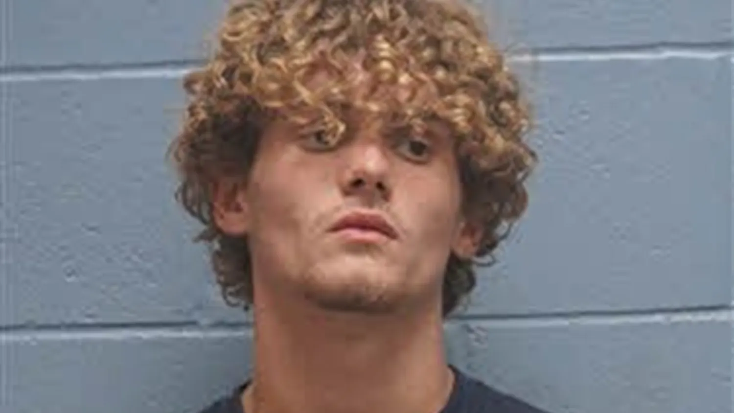 Mugshot of a person with curly hair standing against a light blue wall, wearing a dark shirt with a buttoned neckline.