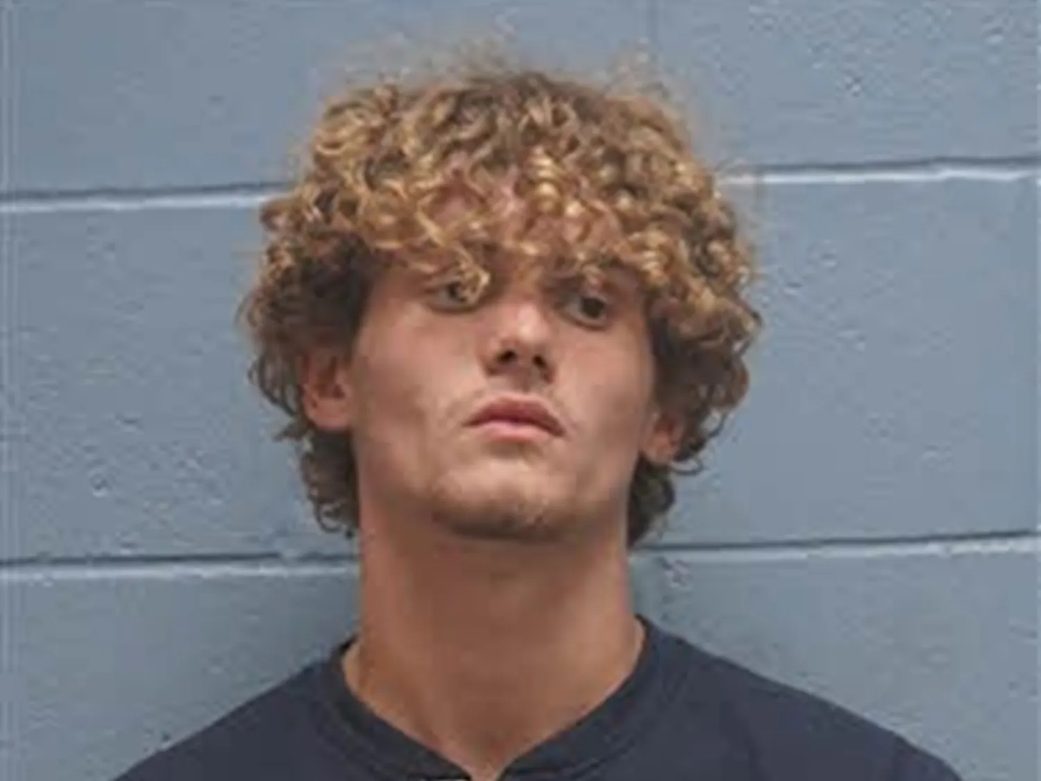 Mugshot of a person with curly hair standing against a light blue wall, wearing a dark shirt with a buttoned neckline.