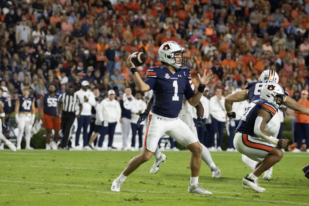 <p>Payton Thorne (#1) drops back for a pass versus Ole Miss at Jordan-Hare Stadium on October 21st, 2023.</p>