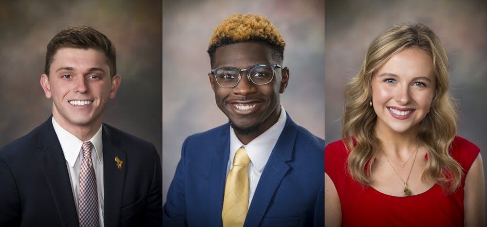 <p>This year's candidates for SGA 2021-2022 president are Rett Waggoner (left), Tyler Ward (middle) and Sloen Zieverink (right).</p>