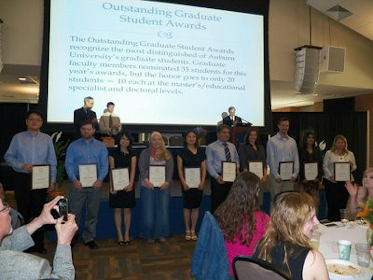 Recipients of the Outstanding Graduate Student Awards for doctoral students are (from left) Xiu-Lei Mo, David Branscomb, Yating Chai, Leanne Dillard, Ting Li, Mahmoud Moeini Sedeh, Laura Morgan, Benjamin Newcomer, Hema Ramsurn and Kimberly Smith. (COntributed by CHris Anthony)