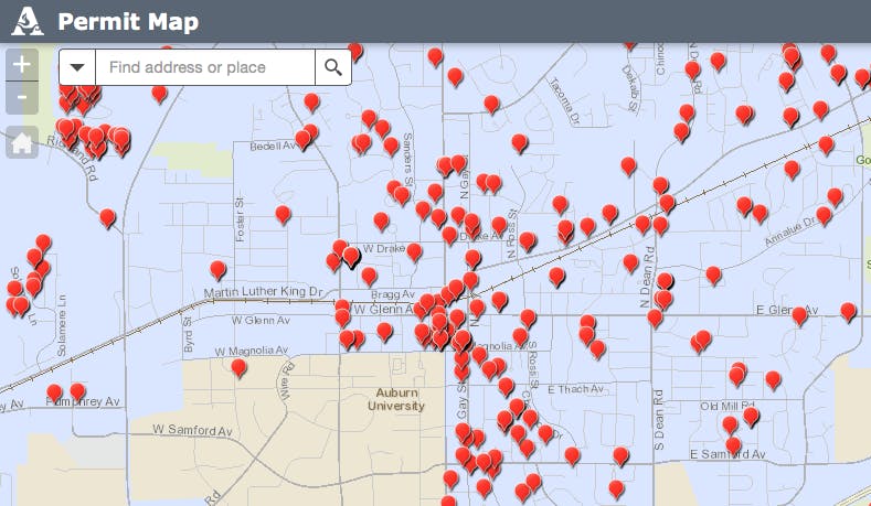 The city of Auburn's new&nbsp;interactive construction permit map displays all active construction permits in the city with a red pin.