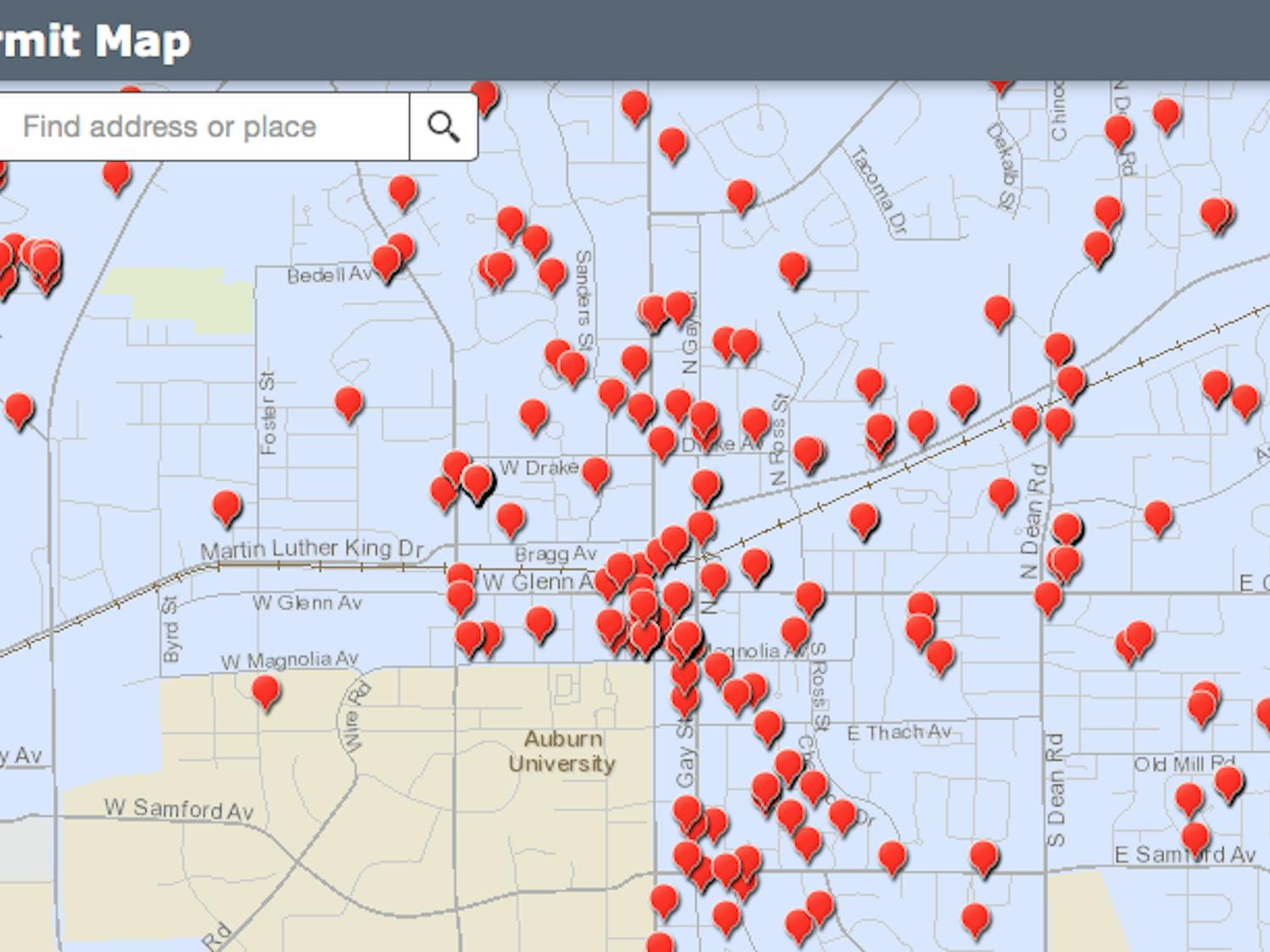 The city of Auburn's new interactive construction permit map displays all active construction permits in the city with a red pin.