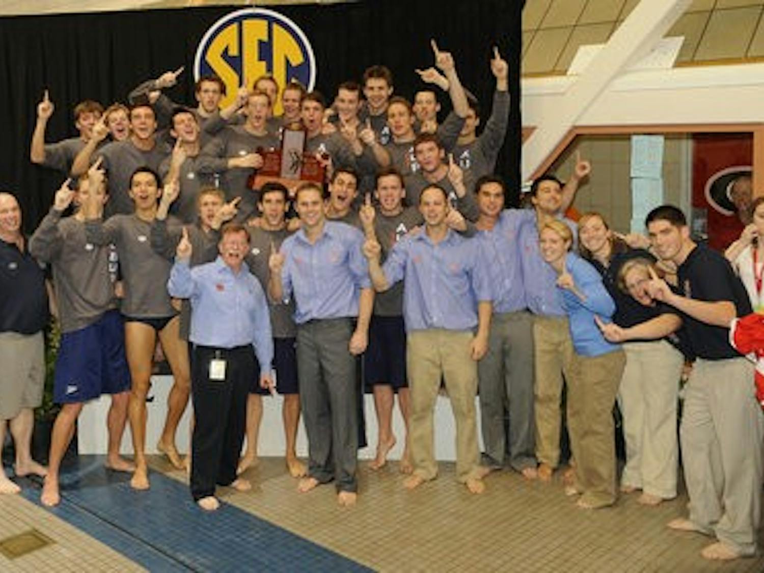 The Auburn men celebrate winning their 14th straight SEC Swimming and Diving Championship Saturday.
SEC Swimming and Diving Championships in Athens, GA.,  on Saturday, Feb. 20, 2010. day 4 FINALS
Todd Van Emst