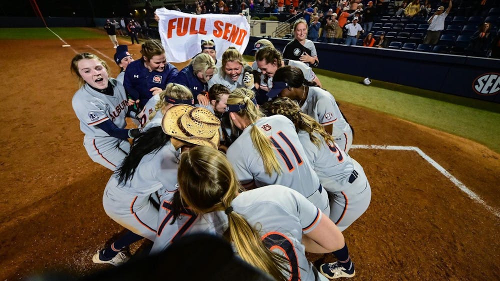 <p>Auburn celebrates after a walk-off win over South Carolina on March 21, 2022 at Jane B. Moore Field.&nbsp;</p>