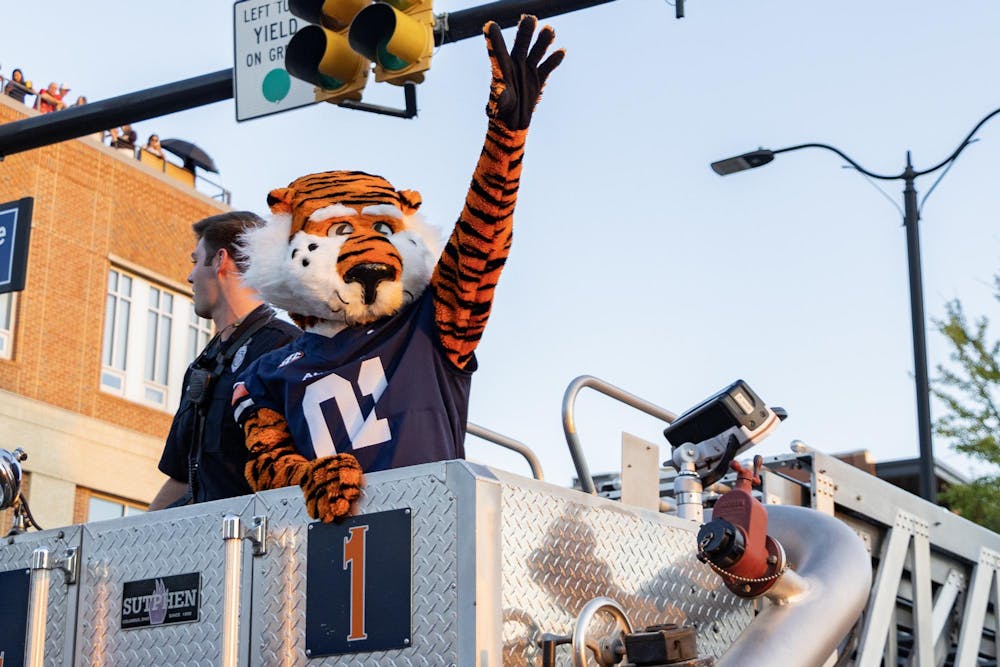 Aubie rides in the Homecoming Parade through Downtown Auburn on Sept. 12, 2025.